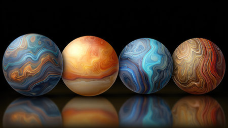 Four vibrant spheres, each exhibiting unique swirling patterns and color gradients, are set against a dark, seamless background. The composition highlights the diverse textures and hues present, creating a visually engaging display. The image may be suitable for artistic projects or design applications.の素材
