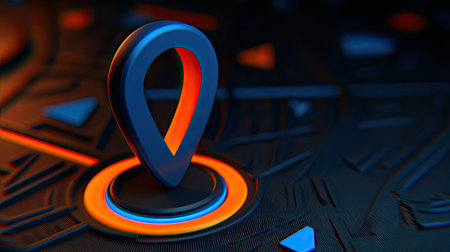 A close-up view presents a digital location marker on an abstract map, illuminated with orange and blue glowing accents. The composition employs a shallow depth of field, highlighting the marker's shape. This image is suitable for illustrating digital navigation, data visualization, and technology-related themes, adaptable for various commercial applications.の素材