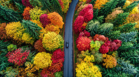 An overhead perspective reveals a road traversing a forest ablaze with autumn colors. The image showcases a contrast between the dark road and the multicolored foliage. The photograph's composition and lighting suggest commercial applications such as travel, nature, or environmental themes.の素材