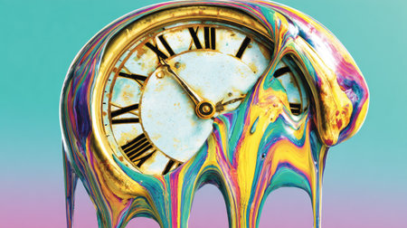 An image showcases a melting clock with vibrant, multicolored liquid flowing around it. The classic clock face contrasts with the dynamic, flowing texture. The composition likely represents the passage of time. This image has applications in design, advertising, or conceptual illustration.の素材