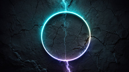 An illuminated neon circle sits against a cracked, dark textured backdrop. The image features vibrant blue and purple hues creating a glowing effect. The overall style is modern and abstract, with a focus on color and light. Suitable for graphic design or digital art projects.の素材