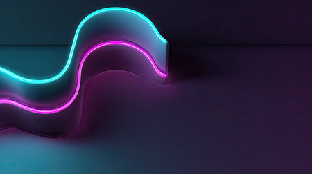 A curved, abstract form dominates the image, illuminated by neon lighting in shades of blue and pink. The smooth, flowing lines create a sense of movement against a dark background. The scene suggests a modern, digital environment, suitable for various design projects and visual content creation.の素材