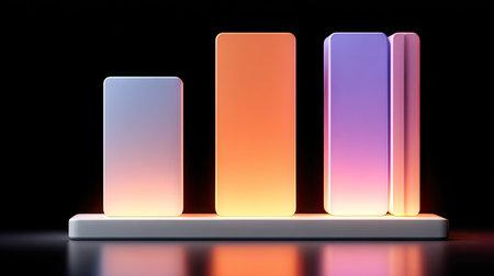 Three vertical, rectangular shapes with gradient color transitions and illuminated edges are set against a dark backdrop. The objects appear to be floating above a reflective surface, emphasizing vibrant colors and soft lighting. This image is suitable for promotional materials, websites, or presentations focusing on modern design.の素材