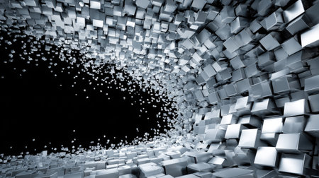 An abstract composition features a tunnel-like structure composed of numerous reflective cubes. The metallic surfaces create a sense of depth and dimensionality, contrasted by a dark, empty void. This stylized, digitally-rendered image could be suitable for various design, marketing, or illustrative applications.の素材