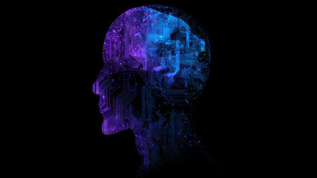 An artistic representation shows a human head profile formed with digital particles. The image showcases vibrant purple and blue hues against a deep black backdrop, creating a sense of depth. This composition, utilizing light and shadow, could be suitable for illustrating concepts such as technology, ideas, or intellectual pursuits. It has potential uses in design or editorial content.の素材