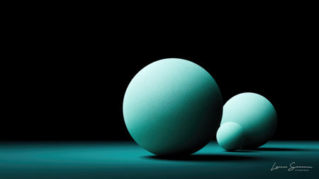 Two spheres are displayed against a dark background, rendered in a cyan color scheme. The composition uses high contrast, with a gradient effect on a flat surface. This image could be used for various projects including graphic design, illustrations, and digital artwork with an abstract feel.の素材