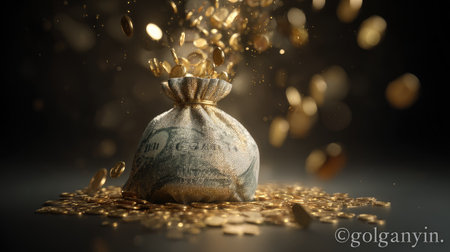 A detailed image showcases a money bag overflowing with gold coins. The composition utilizes overhead lighting, creating a bright central focus and dark shadows. The texture of the bag and coins are highlighted. This image could be used for various commercial concepts.の素材