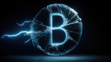 A digitally rendered image features a broken Bitcoin symbol with cracks and a lightning effect. The scene presents a dark, possibly futuristic setting. The composition highlights a central subject, with a dynamic energy effect. Suitable for financial, technology, or conceptual designs.の素材