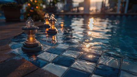 The image features chess pieces with warm lighting, positioned beside a swimming pool. The water reflects the sunlight, creating a visually interesting effect on the checkered tiles. The composition includes depth of field, blurring the background. Suitable for conceptual illustrations, design projects, and visual storytelling.の素材