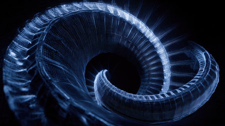 An abstract composition features a swirling light trail pattern against a stark black backdrop. The image utilizes blue hues to create the effect of motion. The artwork's design and composition would be suitable for various commercial uses, including website backgrounds and creative projects.の素材