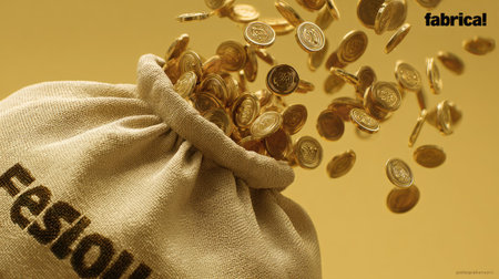 A close-up captures a beige bag, its opening filled with numerous golden coins spilling out. The coins shine against the yellow background. The composition suggests abundance and wealth. This image is suitable for various commercial uses, including financial publications and promotional material.の素材