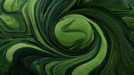 An abstract digital illustration showcases swirling patterns of various green tones. The image features a dynamic composition, with blended textures and gradients creating a sense of movement. Suitable for a wide variety of design uses, from digital backgrounds to print media, offering a unique visual aesthetic.の素材