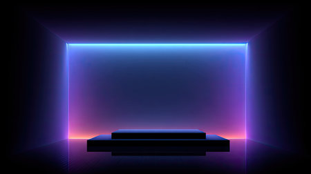 An abstract composition features a stage illuminated by glowing neon lights. The scene showcases a rectangular frame of blue and purple hues within a dark environment. The visual characteristics include vibrant colors, smooth surfaces, and a symmetrical composition. This image could be suitable for promotional materials, product presentations, or conceptual designs.の素材