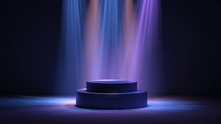 A dark, circular stage is illuminated by vibrant spotlights in shades of blue and purple. The composition features an overhead perspective with a gradient of colors on a reflective surface. This image could be suitable for advertising, marketing, and design projects.の素材