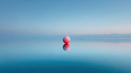 A vibrant red egg rests on a reflective surface, mirroring in tranquil blue water. The artistic composition uses soft gradients of blue and red, creating a minimalist and serene atmosphere. This visual could be used in various commercial projects, including advertising or editorial content, suggesting balance and harmony.の素材