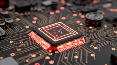 This image showcases a close-up of a circuit board. The central element, a processor, glows with an orange light, while other components are visible. The design features intricate lines and textures, rendered with a focus on depth and detail. It is suitable for technical illustrations or commercial projects.の素材