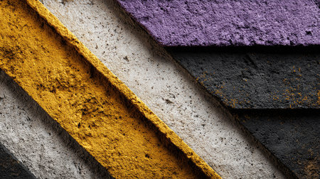 This abstract image showcases a close-up of textured surfaces in various colors. The composition reveals a diagonal arrangement of elements, with a range of hues, including yellow, white, and purple. The style incorporates rough textures, suggestive of a tactile, layered design suitable for diverse commercial applications.の素材