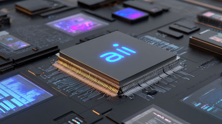 A detailed image captures a central processing unit, showcasing its intricate design. The processor features a surface with illuminated text, set against a backdrop of circuit board components. The color scheme is predominantly dark, with accents of light blue. This image may be suitable for illustrating technology or innovation.の素材