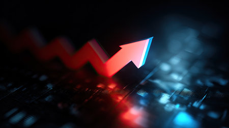 A dynamic image presents a red arrow, its direction implying upward movement. The composition features blurred elements and a dark, moody background. The visuals are characterized by contrast and depth, potentially suitable for presentations about market trends and business progress. The overall style suggests commercial and illustrative use.の素材