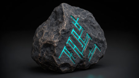 A dark, textured stone displays a glowing teal pattern, possibly runes. The detailed rendering emphasizes the rugged surface and contrasting bright lines. The composition, possibly indoors, suggests mystery and ancient craftsmanship. This image is suitable for a variety of editorial or commercial projects.の素材
