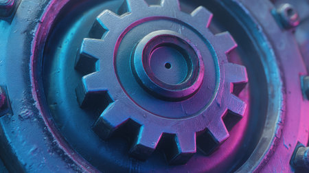 This image features a detailed close-up of a metallic gear, centrally positioned against a backdrop of blurred colors. The composition highlights the gear's intricate design and texture. The lighting creates a contrast of tones. This image could be suitable for various commercial uses, including illustrations and design projects.の素材