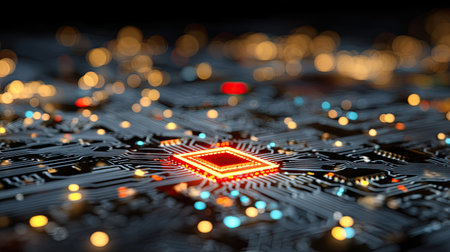 This image showcases a close-up view of a central processing unit, mounted on a complex circuit board. The composition features a shallow depth of field, highlighting the CPU with a glowing effect. The overall color palette consists of cool blues and silvers, contrasted by warm oranges and reds, under a soft lighting. It is suitable for technology-related content.の素材