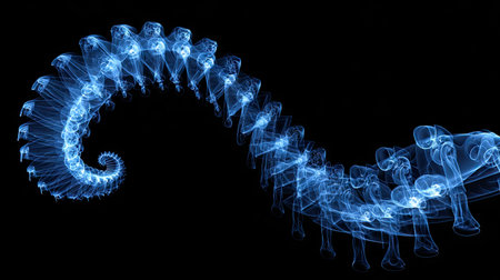 An artistic image presents a dynamic arrangement of blue smoke forming a spiral shape. The smoke is captured in motion against a stark black backdrop. The composition showcases detailed textures, a cool color palette, and high contrast. This visual is suitable for various design projects and commercial applications.の素材