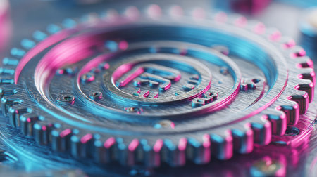 A close-up shot showcases a detailed metal gear illuminated by pink and blue lighting. The mechanical component displays intricate textures and radial patterns. The studio setting suggests a focus on product photography and may be suitable for advertising, illustrating technological or industrial concepts and various creative projects.の素材