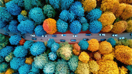 An aerial perspective showcases a vibrant forest with a road cutting through. The image highlights a mix of colorful tree canopies with shades of blue, orange, and yellow. The style is detailed, with natural lighting and a top-down composition. Suitable for commercial projects or editorial use related to nature and environment.の素材