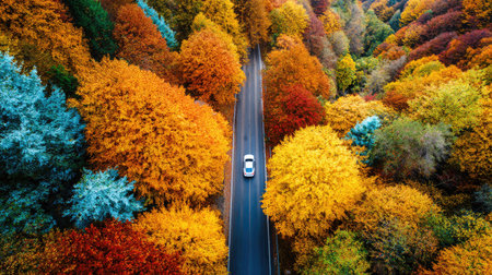 An overhead shot depicts a road winding through a vibrant forest of trees showcasing autumn colors. Shades of yellow, orange, red, and green dominate the scene. A white car travels down the road, and the composition features natural lighting. This image could be used for various commercial and editorial applications.の素材