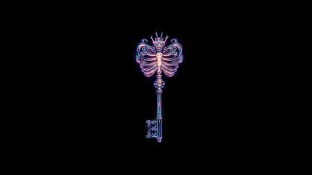 An artistic illustration presents a skeleton key design against a black background. The key features an intricate, skeletal structure and a crown-like embellishment at the top. The image displays neon-like colors. Suitable for various creative and conceptual applications.の素材