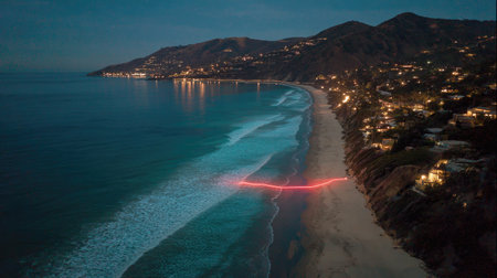 An aerial perspective showcases a coastline illuminated by nighttime lights. The water reflects ambient illumination, while waves gently meet the sandy shore. The composition features a mountainous backdrop and structures displaying artificial lighting. Suitable for uses related to travel, environment, and visual storytelling.の素材