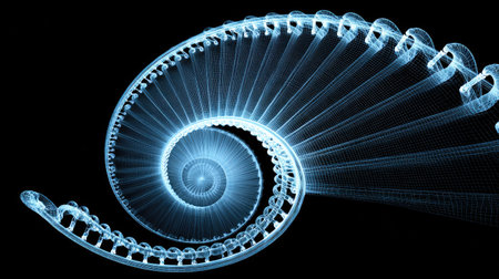 An illuminated spiral structure is depicted against a stark black background. The image showcases a detailed, transparent representation of the spiral, with a subtle blue hue. The composition is likely digitally rendered, suggesting potential uses in science, design, or conceptual illustrations. The structure could represent growth, pattern, or mathematical concepts.の素材
