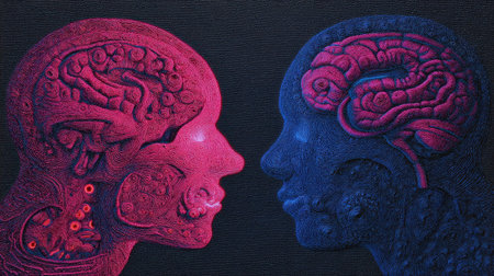 This image features a conceptual illustration of two human heads, each side displaying a different brain structure. The artwork uses vivid pink and blue hues against a dark background. The composition suggests a symbolic representation suitable for various educational or scientific purposes, or for design projects.の素材