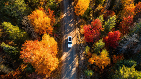 An aerial perspective showcases a vehicle traveling down a road surrounded by trees during autumn. The image features vibrant colors, with red, orange, and green foliage. The scene appears natural, with sunlight and overhead lighting illuminating the path. Suitable for various editorial and commercial projects.の素材