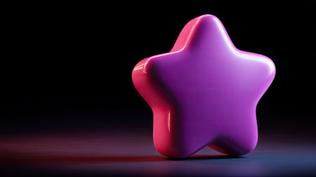 A vibrant, glossy purple star dominates the image, set against a stark black background. The object displays smooth, rounded edges and is illuminated with subtle ambient lighting, creating depth and a 3D effect. The composition is simple, suggesting commercial applications, and emphasizing the single subject. The overall aesthetic is clean and modern.の素材