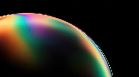 A close-up shot showcases a vibrant soap bubble, displaying a spectrum of colors including green, yellow, and blue. The curved surface is highlighted with a gradient of rainbow hues. The image has a high-contrast style with the bubble set against a black backdrop, suitable for various creative projects.の素材