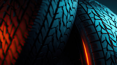 This image showcases three black tires with intricate tread patterns, suggesting movement and grip. The composition features dramatic lighting with a mix of blue and orange hues, creating a visually striking contrast. The textures and close-up perspective highlight the technical aspects, ideal for various commercial and editorial applications.の素材