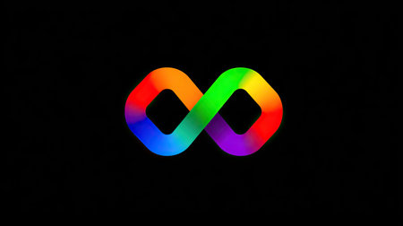 An abstract illustration presents an infinity symbol rendered in vibrant rainbow colors against a stark black backdrop. The composition features smooth gradients and a modern aesthetic. Suitable for various design projects, this image could be used for websites, marketing materials, or editorial content.の素材