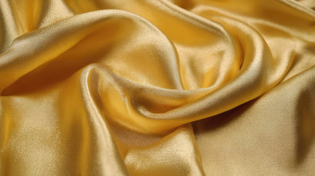 This image showcases a close-up of flowing golden satin. The fabric is richly textured, featuring soft folds and subtle highlights that capture the light. The composition emphasizes the smooth, reflective surface, creating a sense of luxury. Suitable for commercial projects requiring a touch of elegance or background textures.の素材