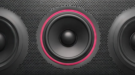 This image presents a close-up view of an audio speaker system. The main subject features a dark, perforated surface with three circular speakers. The central speaker is highlighted by a red ring. The composition suggests a focused, front-facing view, potentially useful for advertising or visual media.の素材