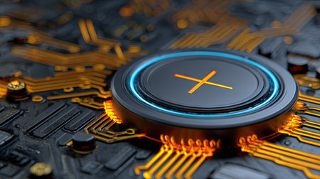 This image showcases a detailed view of a computer processor, featuring a central button surrounded by glowing blue and orange circuits. The macro composition emphasizes intricate details and textures. The overall style suggests modern technology. This image could be used for illustrating digital concepts or futuristic designs.の素材