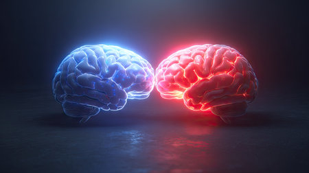 Two luminous brain models are presented, each emitting a distinct color, blue and red. The composition, set against a dark backdrop, suggests a contrasting concept, highlighting inner workings and potential. It is likely applicable for scientific illustrations and educational materials. The artwork provides a glimpse into thought processes.の素材