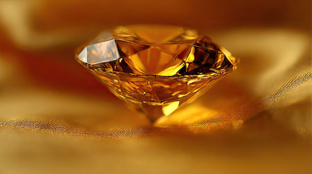 This image showcases a radiant cut gemstone set against a backdrop of golden fabric. The gemstone reflects light, creating a sparkling effect. The composition utilizes a shallow depth of field, focusing on the gem's details. Suitable for commercial projects, this photo evokes notions of luxury, wealth, and elegance.の素材