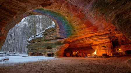 An interior cave scene displays a rainbow arching across the opening, illuminating the space with various colors. Inside, a campfire provides a warm glow against the textured rock walls. A snowy exterior contrasts with the warm interior. This image is suitable for various commercial uses.の素材