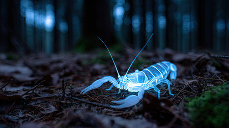 An illuminated insect creature is positioned in a forest setting, showcasing a detailed, glowing appearance. The image exhibits a night time ambiance, with a cool color palette. It may be suitable for illustrations, conceptual design projects, or digital artwork that requires a unique visual. No specific location or context is defined.の素材