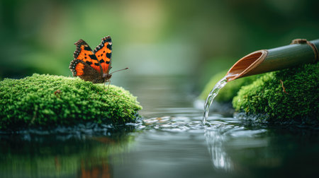 A vibrant butterfly rests on a moss-covered rock near flowing water. The image features a bamboo spout, adding a natural element. The composition is balanced with soft, diffused lighting, creating a serene atmosphere. Suitable for use in environmental, wellness, or artistic projects.の素材