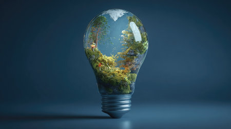 An illustrated lightbulb contains a miniature earth with lush green vegetation, suggesting environmental awareness. The image features a shallow depth of field, highlighting the central subject against a dark blue background. The composition employs soft lighting. Suitable for use in conceptual designs or visual metaphors promoting ecology and sustainability.の素材