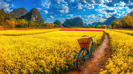 A bicycle rests along a path winding through a vast field of yellow flowers. The vibrant scene is set under a blue sky dotted with clouds, with distant mountains adding depth. The colorful landscape, bathed in natural light, could be used for various projects needing a scenic view.の素材