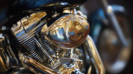 This image showcases a close-up view of a motorcycle engine, highlighting its polished chrome surfaces and intricate mechanical components. The composition features strong lighting and contrasts, emphasizing the reflective qualities of the metal. Suitable for projects requiring detailed automotive imagery, this photograph offers potential for commercial and editorial applications.の素材